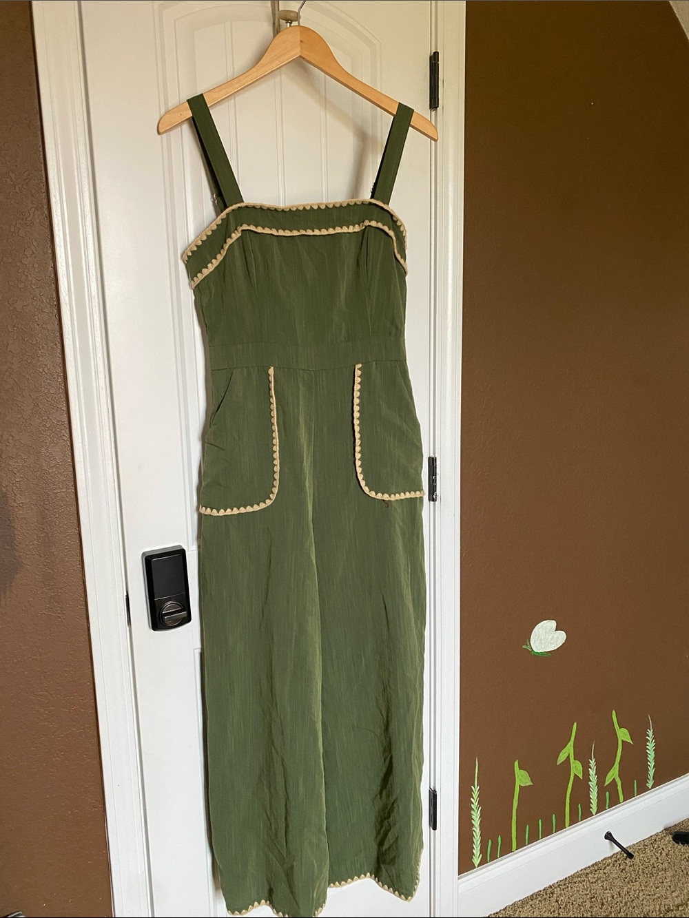 Green Romper with Cream Embroidered Embellishments